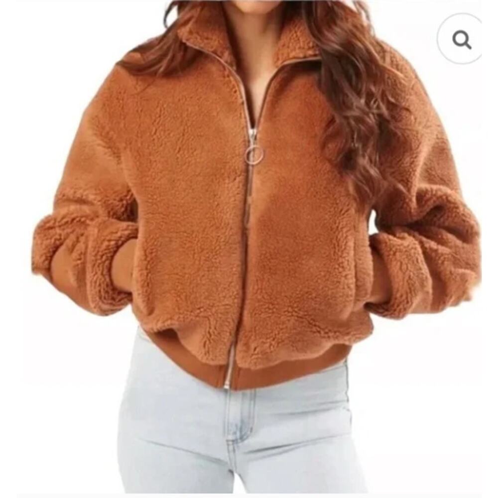 WeWoreWhat Teddy Fleece Zip Bomber Jacket Tan Size Large Cozy Fall Layer